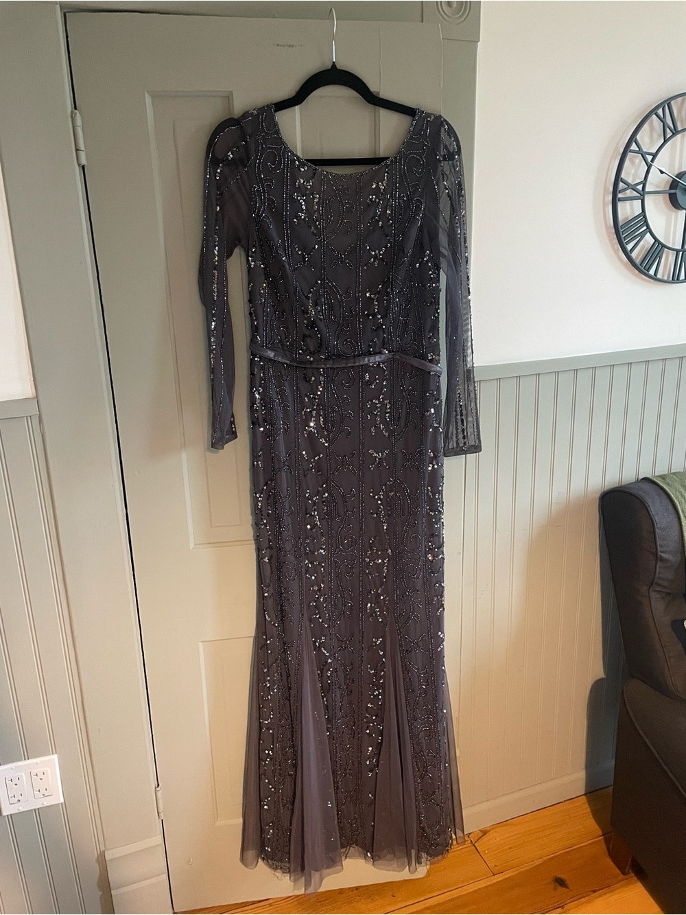 Adrianna Papell Gray Beaded Long Sleeve Evening Gown